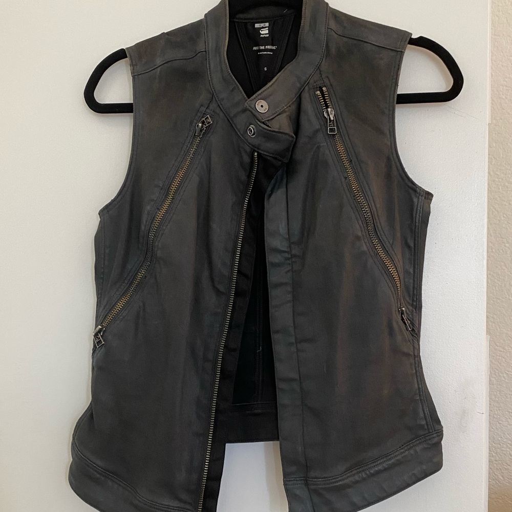 G-Star Raw vest. Waxed denim with zippered detail.
